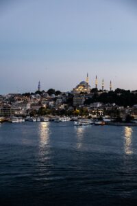 the blue mosque is seen from the water