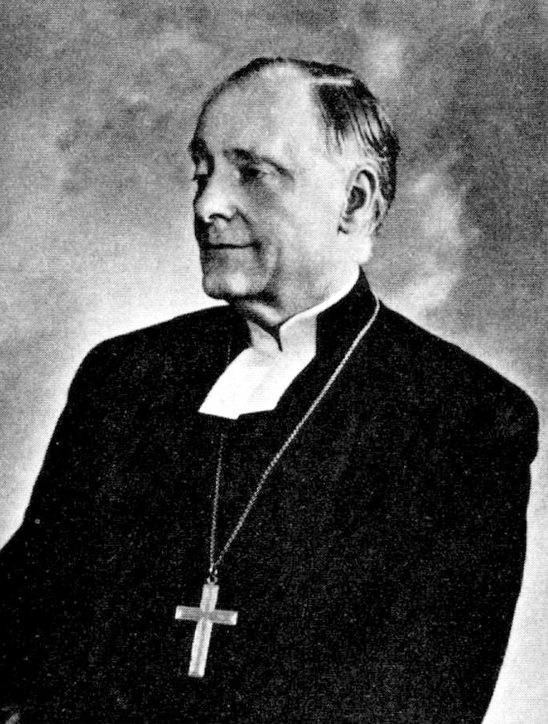 Black and white portrait photograph of Anders Nygren, Swedish Lutheran bishop and theologian, wearing a clerical collar and pectoral cross