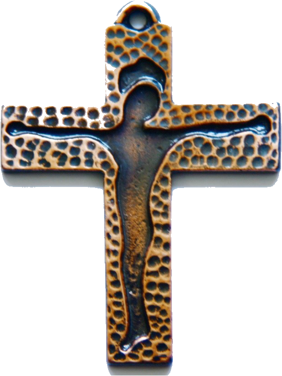 A textured ceramic crucifix pendant with a raised figure of Christ, glazed in brown and blue