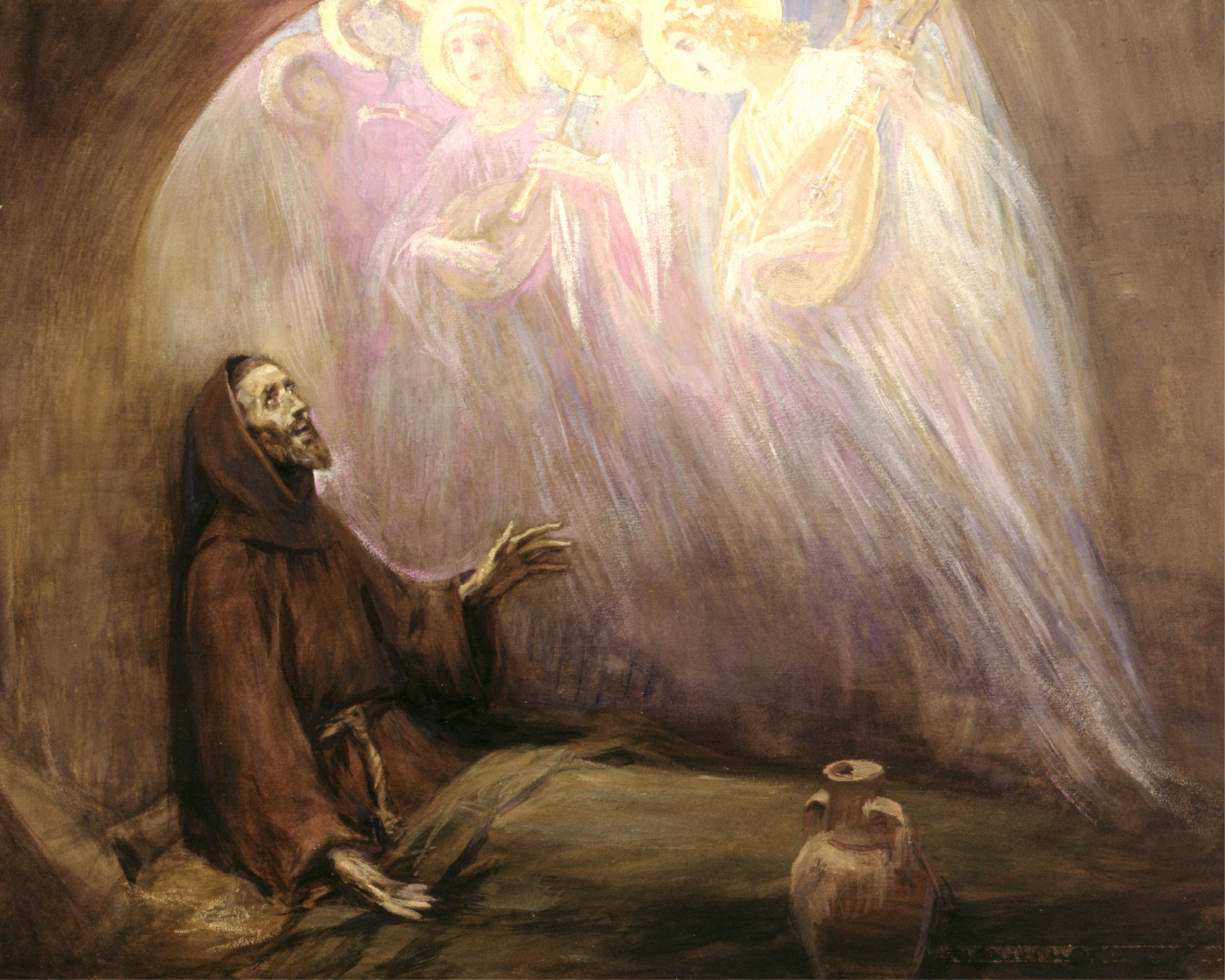 Painting of St Francis of Assisi kneeling in a cave, gazing up at a vision of angels bathed in light
