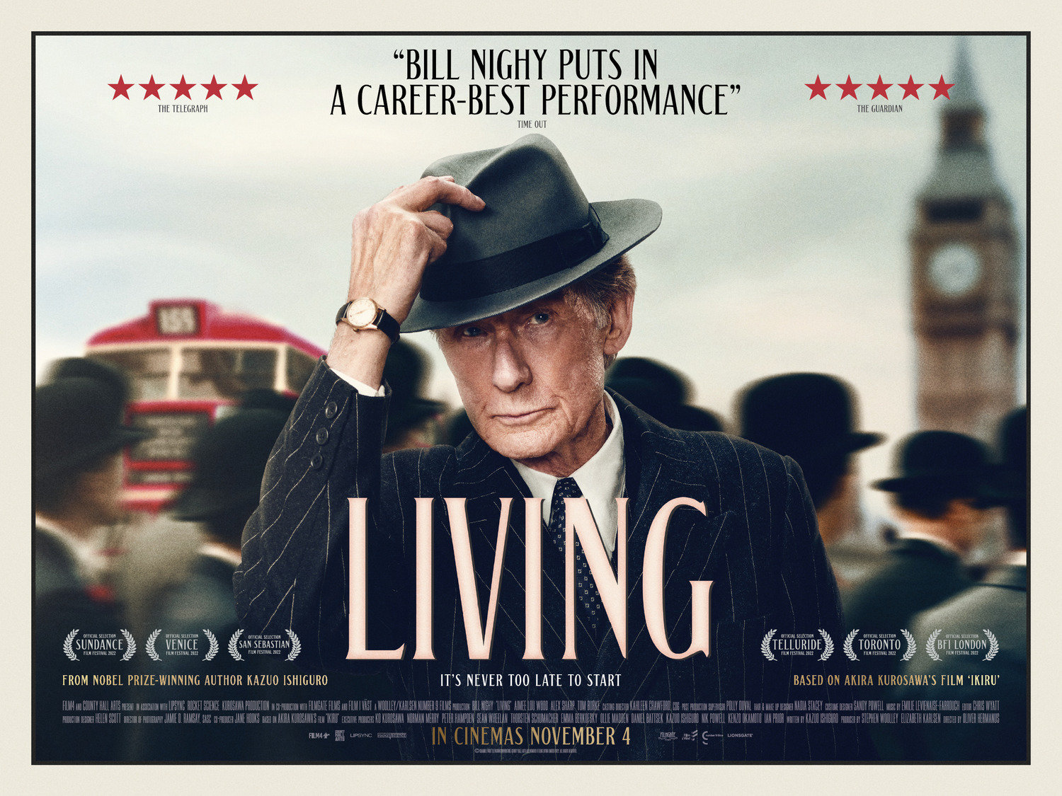 Promotional poster for the 2022 film Living, showing Bill Nighy in a bowler hat against a backdrop of Big Ben and a red London bus