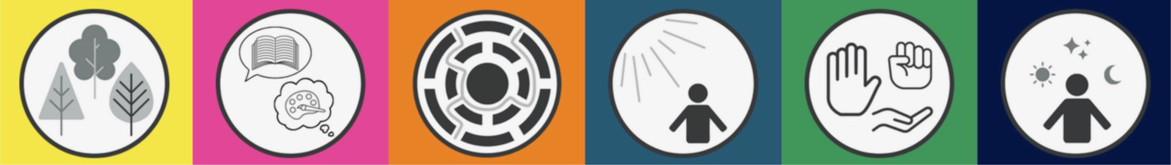 Six circular icons representing the Big Ideas for RE: Continuity Change and Diversity, Words and Beyond, A Good Life, Making Sense of Life's Experiences, Influence and Power, and The Big Picture