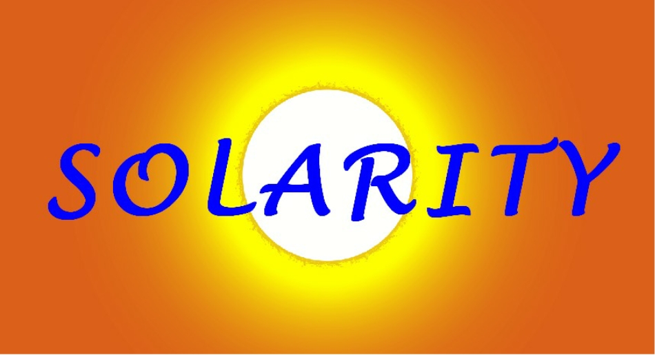 Solarity logo, blue text on a glowing orange sunburst