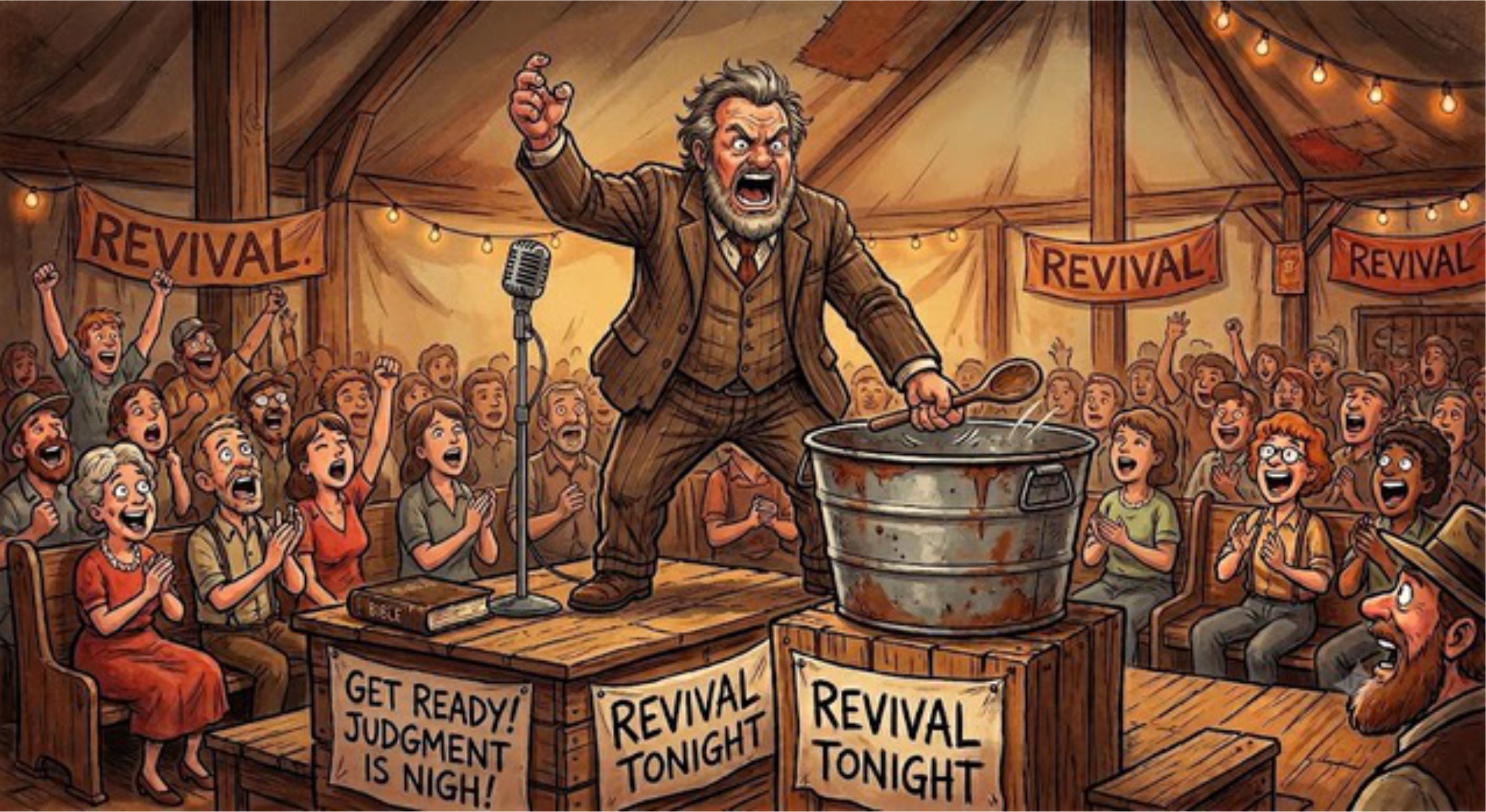 Illustration of an evangelical tent revival meeting, with a preacher gesturing over a crowd beneath banners reading Revival Tonight