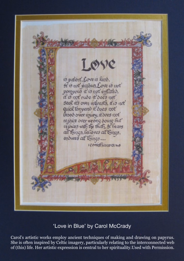 Back cover of Sofia magazine issue 161: ‘Love in Blue’ by Carol McCrady, an illuminated calligraphy of 1 Corinthians 13 on papyrus